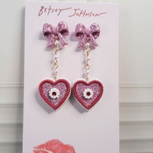 Betsy Johnson Pink Glitter Bow Heart Drop Earrings